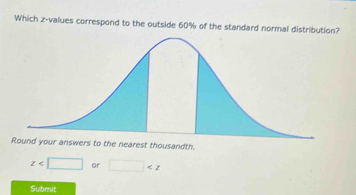 which z - values correspond to the outside 60% of the standard normal distribution? round your answers to the nearest thousandth. z < or < z