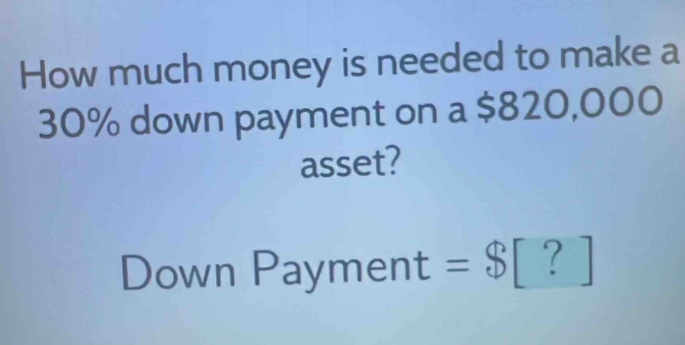 how much money is needed to make a 30% down payment on a $820,000 asset? down payment = $?