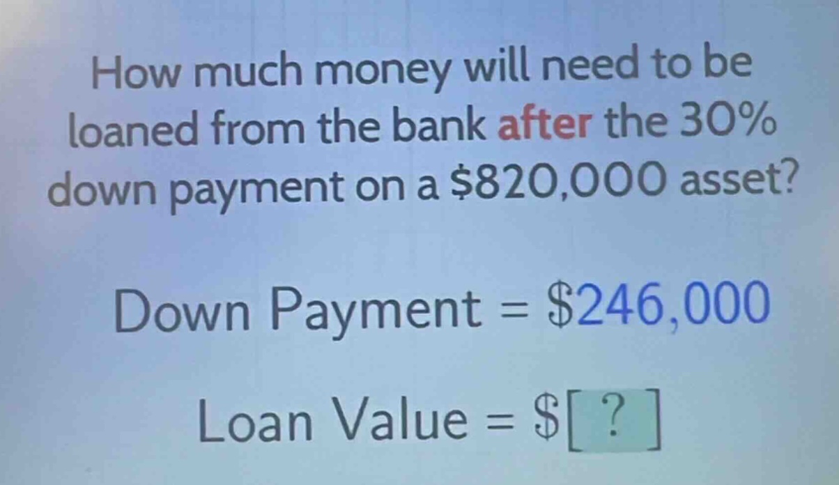how much money will need to be loaned from the bank after the 30% down payment on a $820,000 asset? down payment = $246,000 loan value = $?