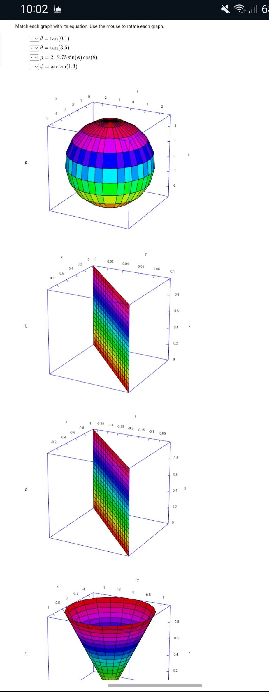 match each graph with its equation. use the mouse to rotate each graph.\nθ = tan(0.1)\nθ = tan(3.5)\nρ = 2·2.75 sin(ϕ) cos(θ)\nϕ = arctan(1.3)\n a.\n b.\n c.\n d.