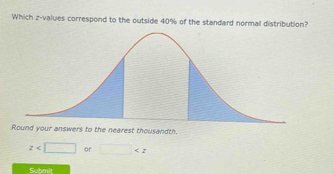 which z - values correspond to the outside 40% of the standard normal distribution? round your answers to the nearest thousandth. z < or < z