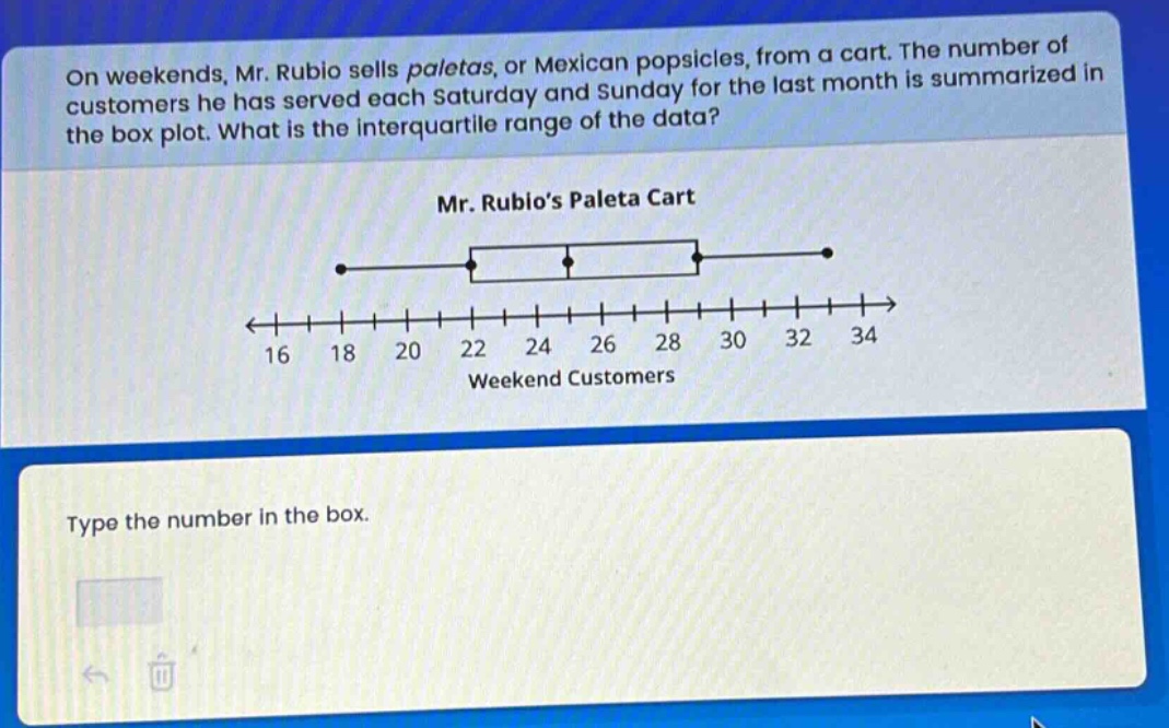 on weekends, mr. rubio sells paletas, or mexican popsicles, from a cart. the number of customers he has served each saturday and sunday for the last month is summarized in the box plot. what is the interquartile range of the data? mr. rubios paleta cart weekend customers type the number in the box.