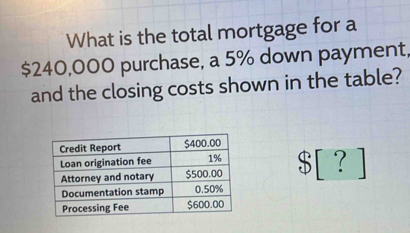 what is the total mortgage for a $240,000 purchase, a 5% down payment, and the closing costs shown in the table? credit report $400.00 loan origination fee 1% attorney and notary $500.00 documentation stamp 0.50% processing fee $600.00