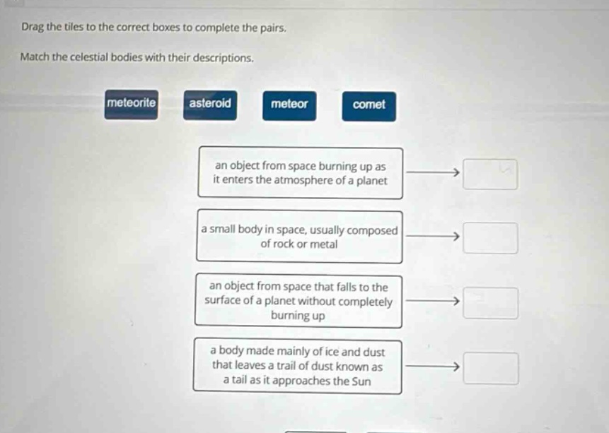 drag the tiles to the correct boxes to complete the pairs. match the celestial bodies with their descriptions. meteorite asteroid meteor comet an object from space burning up as it enters the atmosphere of a planet a small body in space, usually composed of rock or metal an object from space that falls to the surface of a planet without completely burning up a body made mainly of ice and dust that leaves a trail of dust known as a tail as it approaches the sun