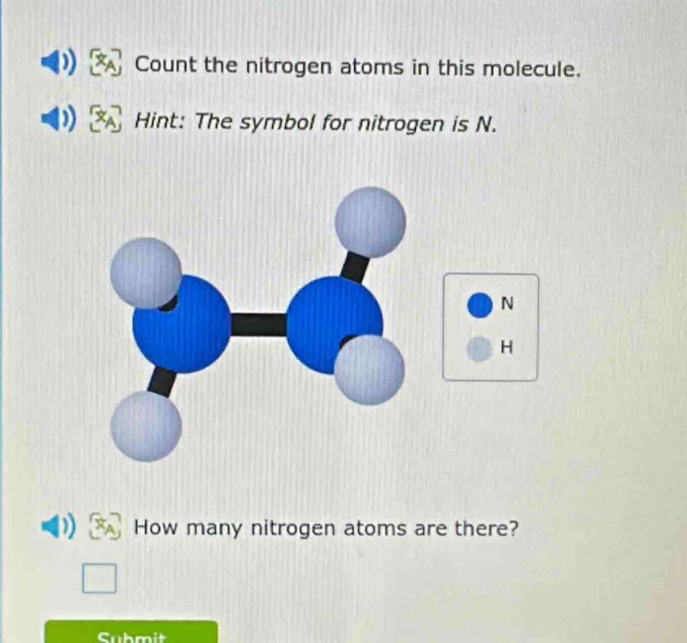 count the nitrogen atoms in this molecule. hint: the symbol for nitrogen is n. how many nitrogen atoms are there?