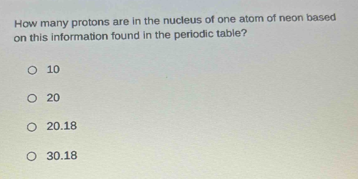 how many protons are in the nucleus of one atom of neon based on this information found in the periodic table?\no 10\no 20\no 20.18\no 30.18