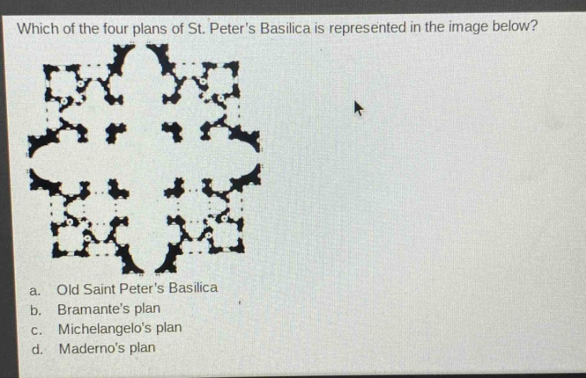 which of the four plans of st. peters basilica is represented in the image below? a. old saint peters basilica b. bramantes plan c. michelangelos plan d. madernos plan