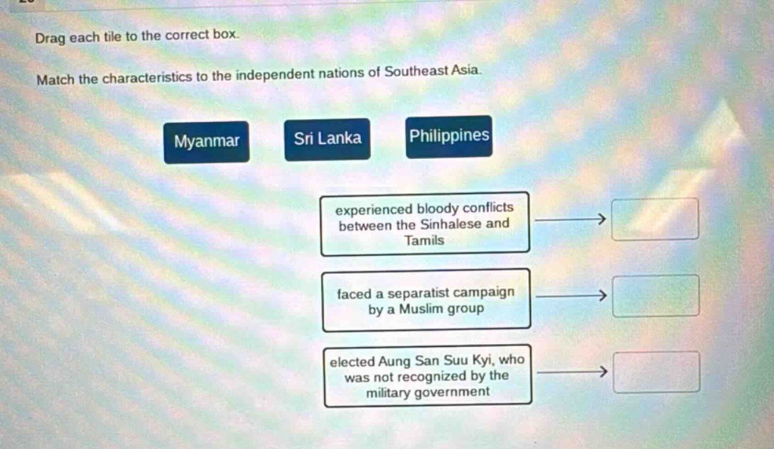 drag each tile to the correct box. match the characteristics to the independent nations of southeast asia. myanmar sri lanka philippines experienced bloody conflicts between the sinhalese and tamils faced a separatist campaign by a muslim group elected aung san suu kyi, who was not recognized by the military government