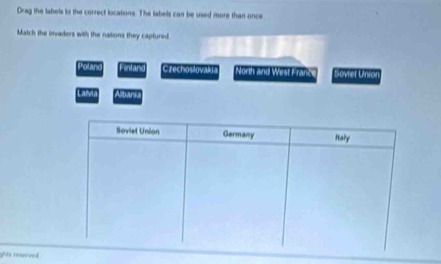 drag the labels to the correct locations. the labels can be used more than once. match the invaders with the nations they captured. poland finland czechoslovakia north and west france soviet union latvia albania soviet union germany italy