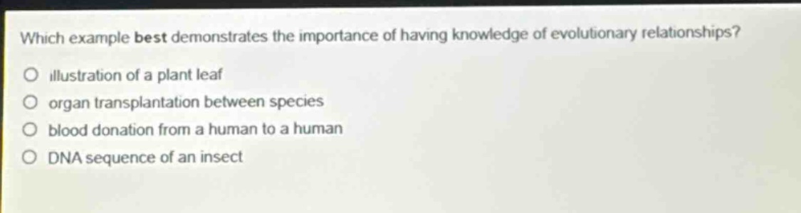 which example best demonstrates the importance of having knowledge of evolutionary relationships?\nillustration of a plant leaf\norgan transplantation between species\nblood donation from a human to a human\ndna sequence of an insect