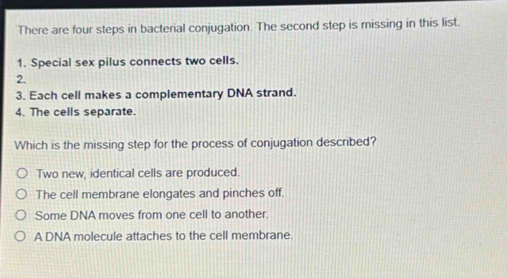 there are four steps in bacterial conjugation. the second step is missing in this list. 1. special sex pilus connects two cells. 2. 3. each cell makes a complementary dna strand. 4. the cells separate. which is the missing step for the process of conjugation described? o two new, identical cells are produced. o the cell membrane elongates and pinches off. o some dna moves from one cell to another. o a dna molecule attaches to the cell membrane.