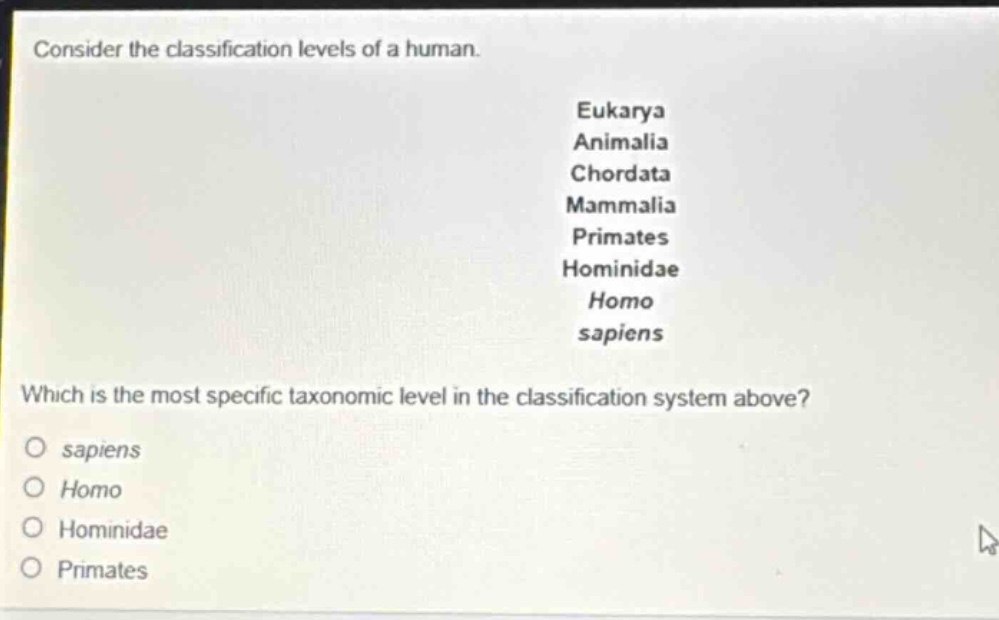 consider the classification levels of a human. eukarya animalia chordata mammalia primates hominidae homo sapiens which is the most specific taxonomic level in the classification system above? sapiens homo hominidae primates