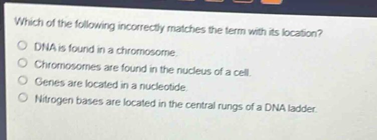 which of the following incorrectly matches the term with its location?\ndna is found in a chromosome.\nchromosomes are found in the nucleus of a cell.\ngenes are located in a nucleotide.\nnitrogen bases are located in the central rungs of a dna ladder.