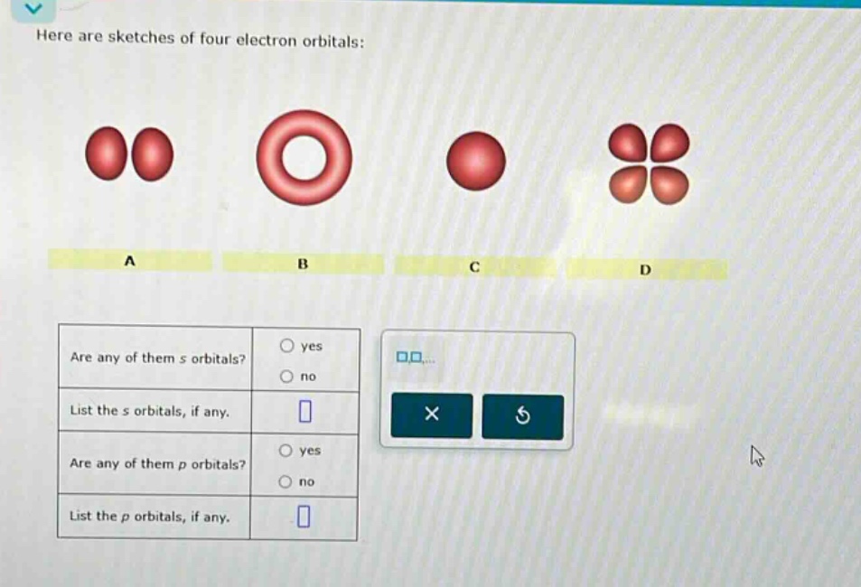 here are sketches of four electron orbitals: are any of them s orbitals? yes no list the s orbitals, if any. are any of them p orbitals? yes no list the p orbitals, if any.