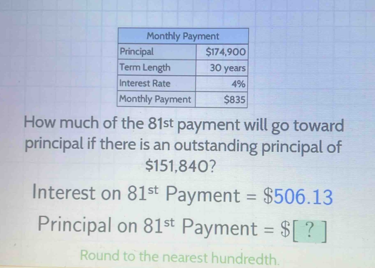 monthly payment principal $174,900 term length 30 years interest rate 4% monthly payment $835 how much of the 81st payment will go toward principal if there is an outstanding principal of $151,840? interest on 81st payment = $506.13 principal on 81st payment = $? round to the nearest hundredth.
