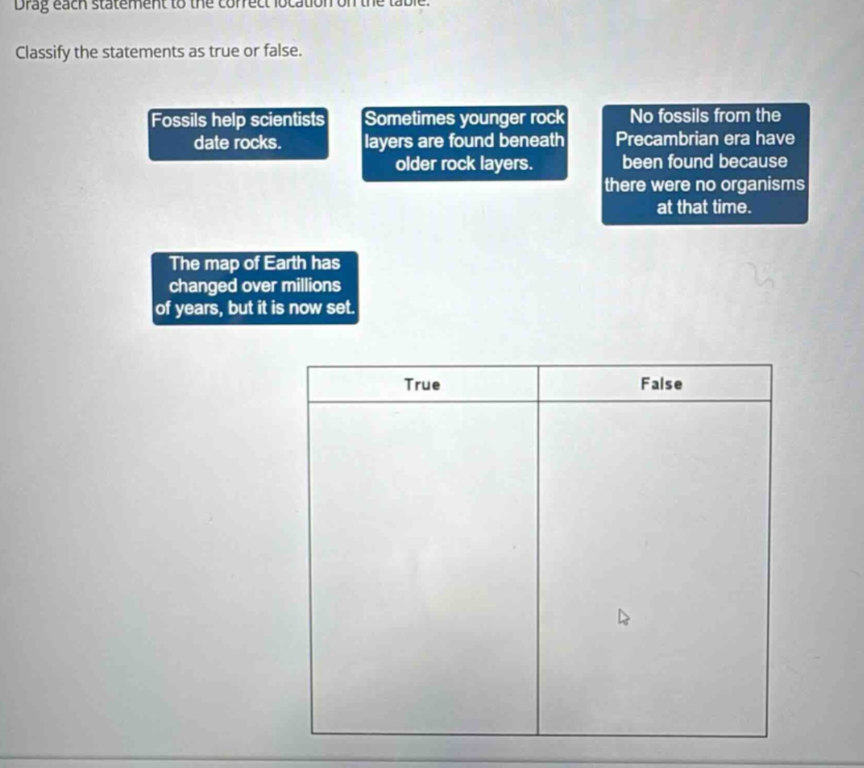 drag each statement to the correct location on the table. classify the statements as true or false. fossils help scientists date rocks. sometimes younger rock layers are found beneath older rock layers. no fossils from the precambrian era have been found because there were no organisms at that time. the map of earth has changed over millions of years, but it is now set. true false