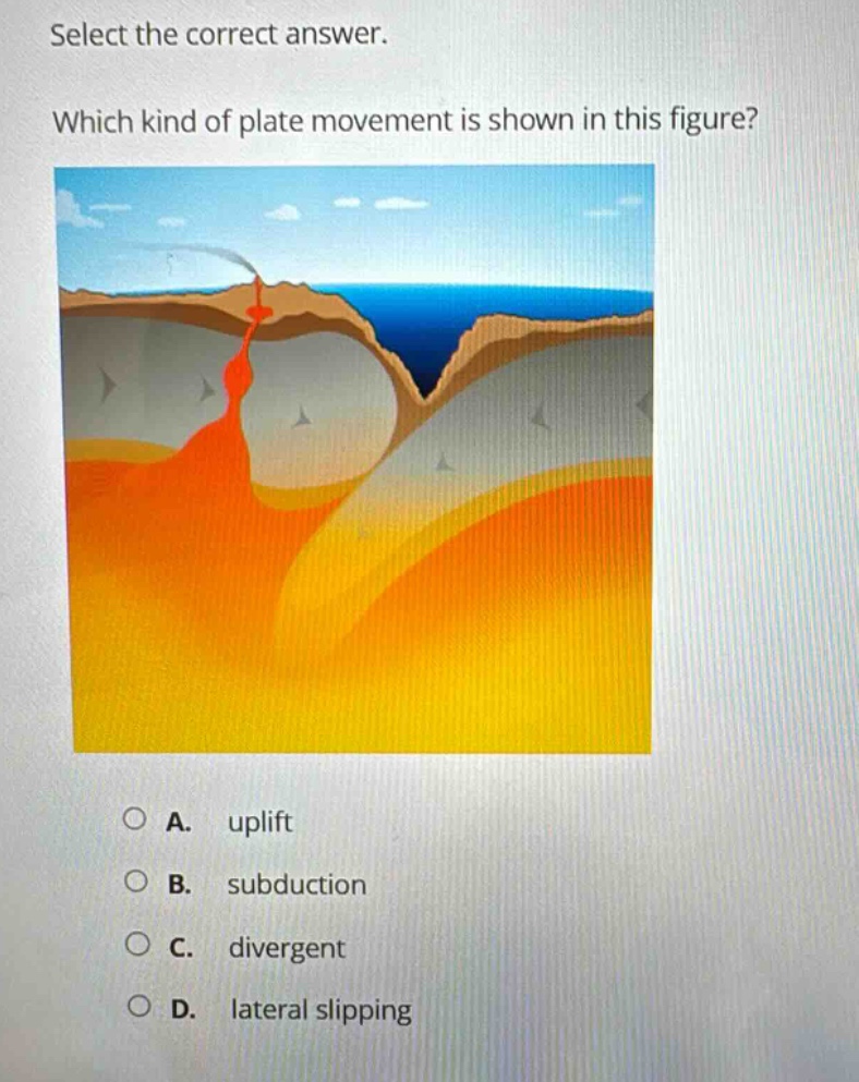select the correct answer. which kind of plate movement is shown in this figure? a. uplift b. subduction c. divergent d. lateral slipping