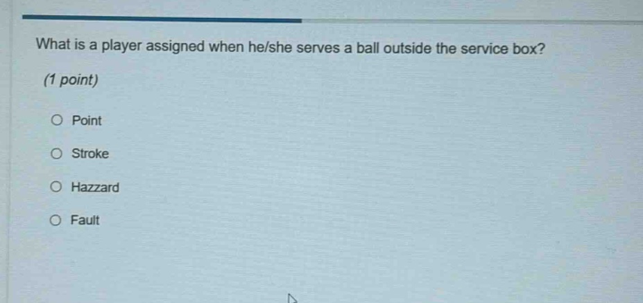 what is a player assigned when he/she serves a ball outside the service box? (1 point) point stroke hazzard fault