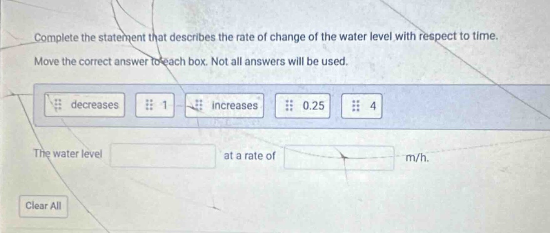 complete the statement that describes the rate of change of the water level with respect to time. move the correct answer to each box. not all answers will be used. decreases 1 increases 0.25 4 the water level at a rate of m/h. clear all