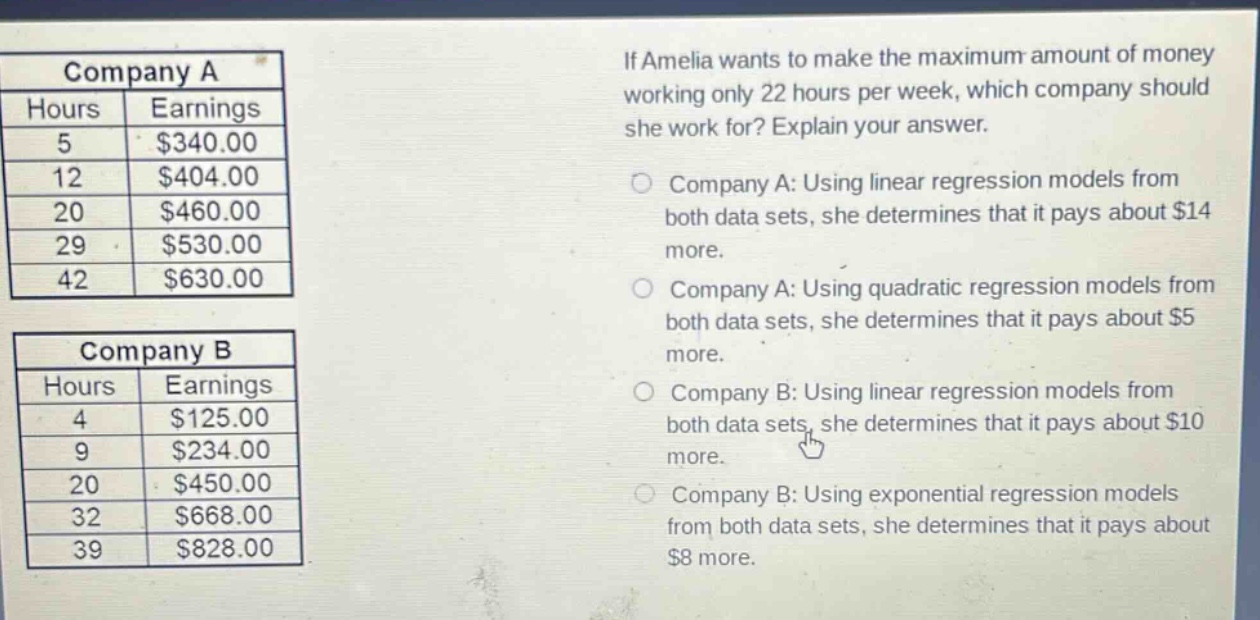 if amelia wants to make the maximum amount of money working only 22 hours per week, which company should she work for? explain your answer. company a: using linear regression models from both data sets, she determines that it pays about $14 more. company a: using quadratic regression models from both data sets, she determines that it pays about $5 more. company b: using linear regression models from both data sets, she determines that it pays about $10 more. company b: using exponential regression models from both data sets, she determines that it pays about $8 more.