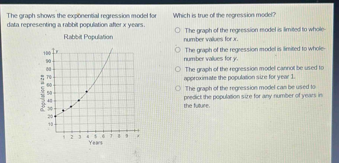 the graph shows the exponential regression model for data representing a rabbit population after x years. rabbit population which is true of the regression model? the graph of the regression model is limited to whole - number values for x. the graph of the regression model is limited to whole - number values for y. the graph of the regression model cannot be used to approximate the population size for year 1. the graph of the regression model can be used to predict the population size for any number of years in the future.