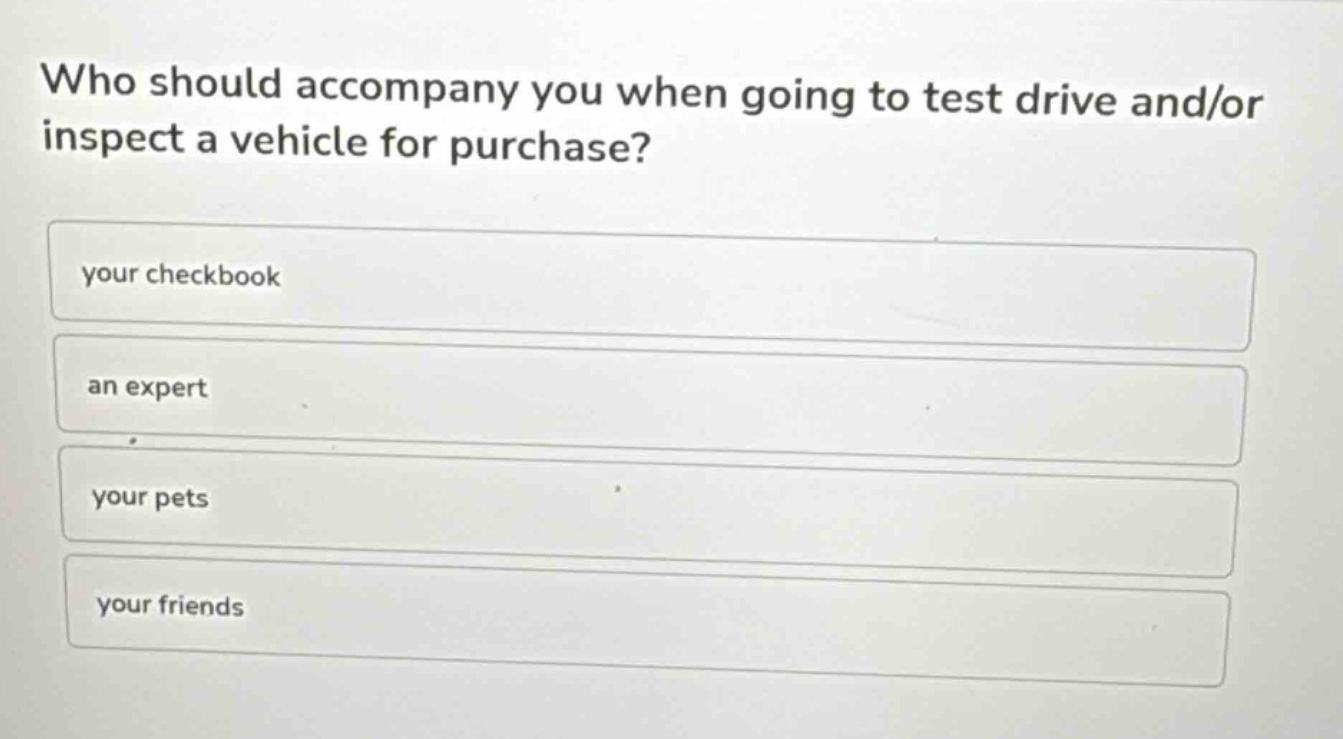 who should accompany you when going to test drive and/or inspect a vehicle for purchase? your checkbook an expert your pets your friends