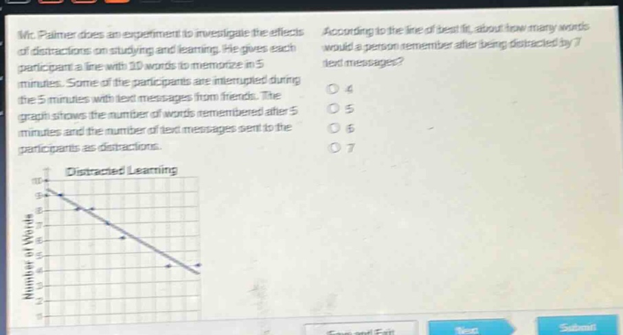 mr. palmer does an experiment to investigate the effects of distractions on studying and learning. he gives each participant a line with 10 words to memorize in 5 minutes. some of the participants are interrupted during the 5 minutes with text messages from friends. the graph shows the number of words remembered after 5 minutes and the number of text messages sent to the participants as distractions. according to the line of best fit, about how many words would a person remember after being distracted by 7 text messages? 4 5 6 7