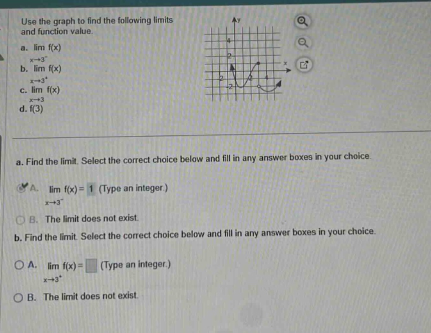 use the graph to find the following limits and function value. a. lim f(x) x→3⁻ b. lim f(x) x→3⁺ c. lim f(x) x→3 d. f(3) a. find the limit. select the correct choice below and fill in any answer boxes in your choice. a. lim f(x)=1 (type an integer.) x→3⁻ b. the limit does not exist. b. find the limit. select the correct choice below and fill in any answer boxes in your choice. a. lim f(x)= (type an integer.) x→3⁺ b. the limit does not exist.