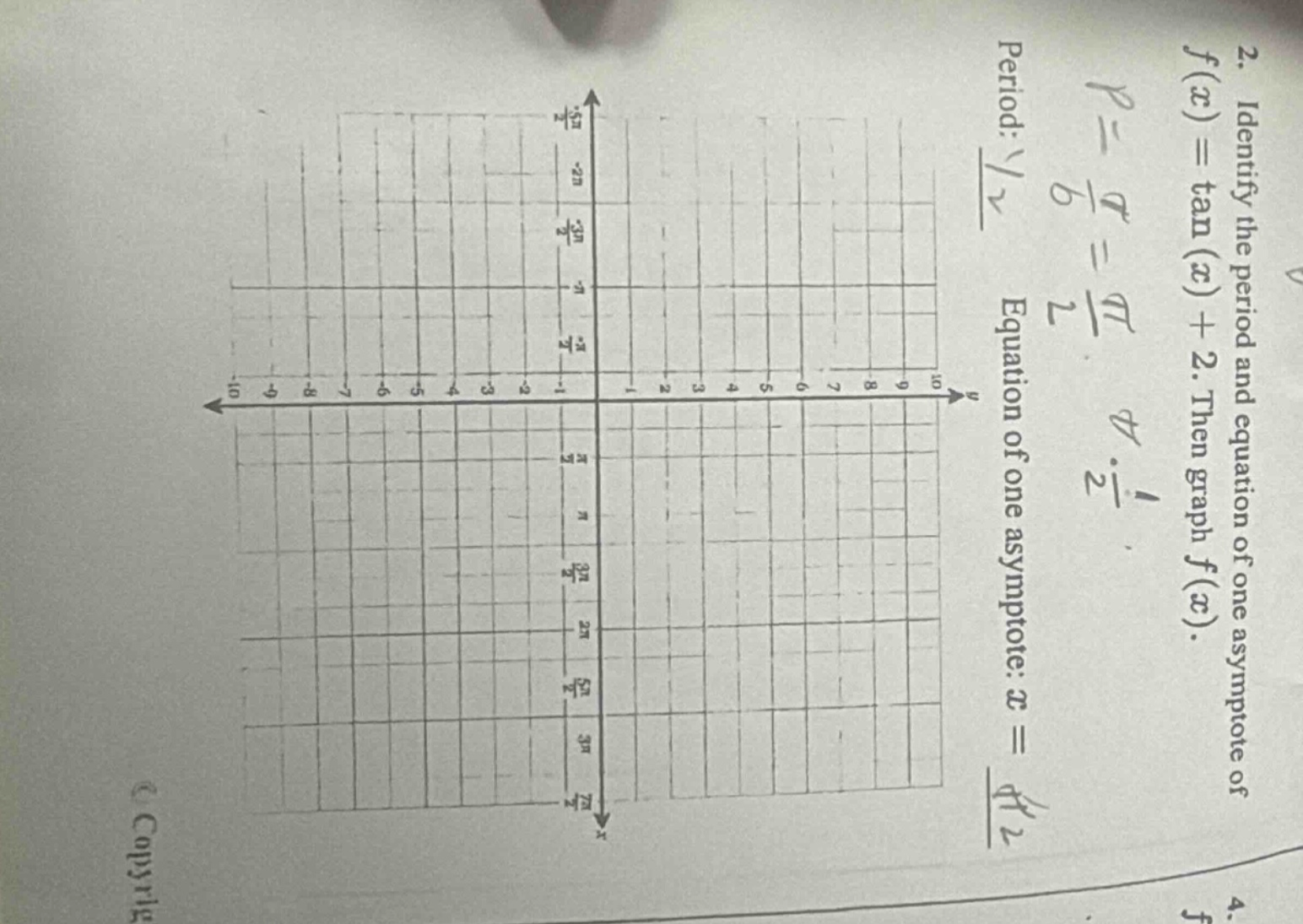 2. identify the period and equation of one asymptote of f(x)=tan(x)+2. then graph f(x). period: equation of one asymptote: x=