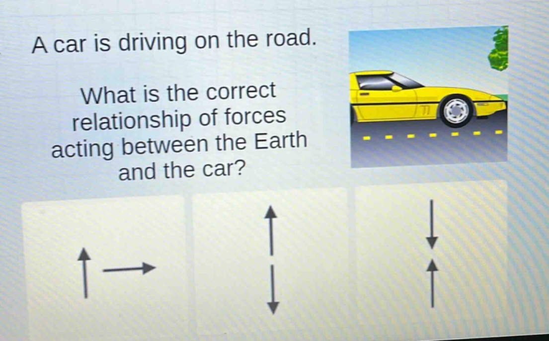 a car is driving on the road. what is the correct relationship of forces acting between the earth and the car?