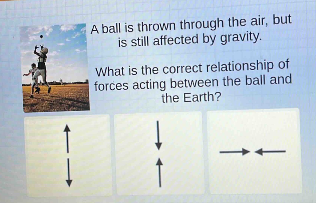 a ball is thrown through the air, but is still affected by gravity. what is the correct relationship of forces acting between the ball and the earth?