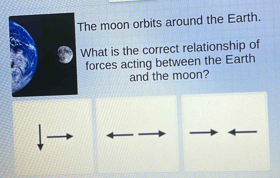 the moon orbits around the earth. what is the correct relationship of forces acting between the earth and the moon?