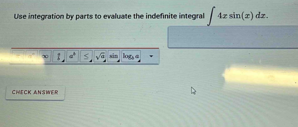 use integration by parts to evaluate the indefinite integral ∫ 4x sin(x) dx.