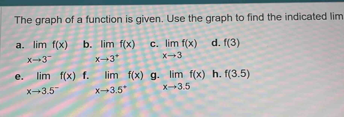 the graph of a function is given. use the graph to find the indicated lim a. lim f(x) b. lim f(x) c. lim f(x) d. f(3) x→3⁻ x→3⁺ x→3 e. lim f(x) f. lim f(x) g. lim f(x) h. f(3.5) x→3.5⁻ x→3.5⁺ x→3.5