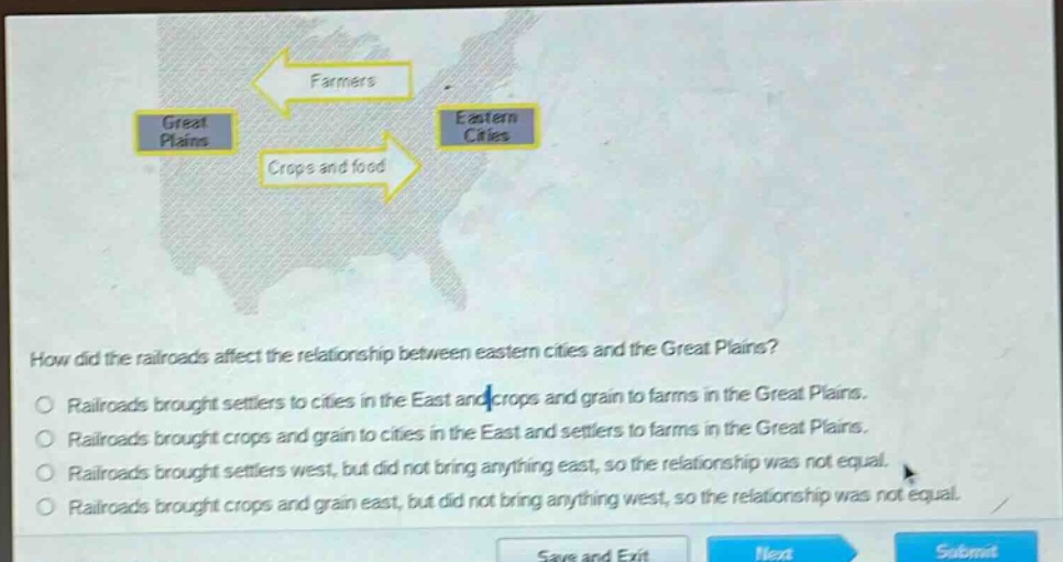 how did the railroads affect the relationship between eastern cities and the great plains?\nrailroads brought settlers to cities in the east and crops and grain to farms in the great plains.\nrailroads brought crops and grain to cities in the east and settlers to farms in the great plains.\nrailroads brought settlers west, but did not bring anything east, so the relationship was not equal.\nrailroads brought crops and grain east, but did not bring anything west, so the relationship was not equal.