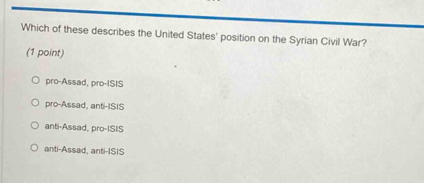 which of these describes the united states position on the syrian civil war? (1 point) pro - assad, pro - isis pro - assad, anti - isis anti - assad, pro - isis anti - assad, anti - isis