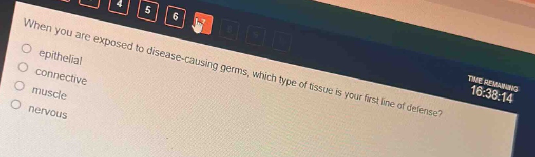 when you are exposed to disease - causing germs, which type of tissue is your first line of defense?\no epithelial\no connective\no muscle\no nervous