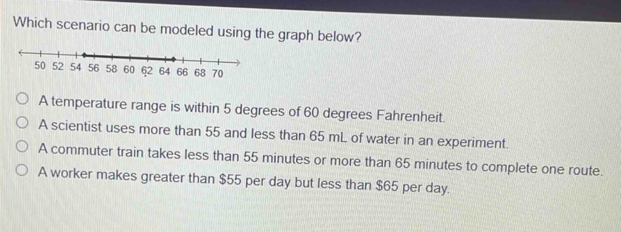 which scenario can be modeled using the graph below? 50 52 54 56 58 60 62 64 66 68 70 a temperature range is within 5 degrees of 60 degrees fahrenheit. a scientist uses more than 55 and less than 65 ml of water in an experiment. a commuter train takes less than 55 minutes or more than 65 minutes to complete one route. a worker makes greater than $55 per day but less than $65 per day.