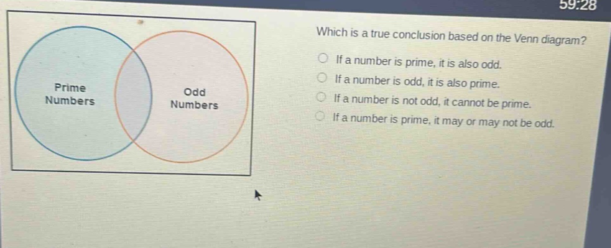 which is a true conclusion based on the venn diagram? if a number is prime, it is also odd. if a number is odd, it is also prime. if a number is not odd, it cannot be prime. if a number is prime, it may or may not be odd.