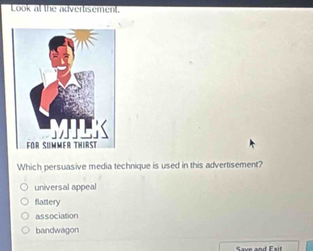 look at the advertisement. which persuasive media technique is used in this advertisement? universal appeal flattery association bandwagon