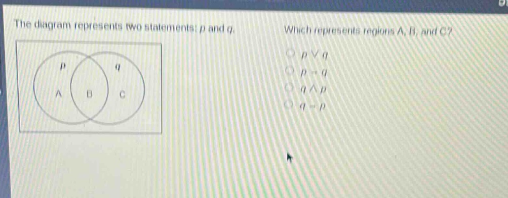 the diagram represents two statements: p and q. which represents regions a, b, and c? p ∨ q p → q q ∧ p q → p
