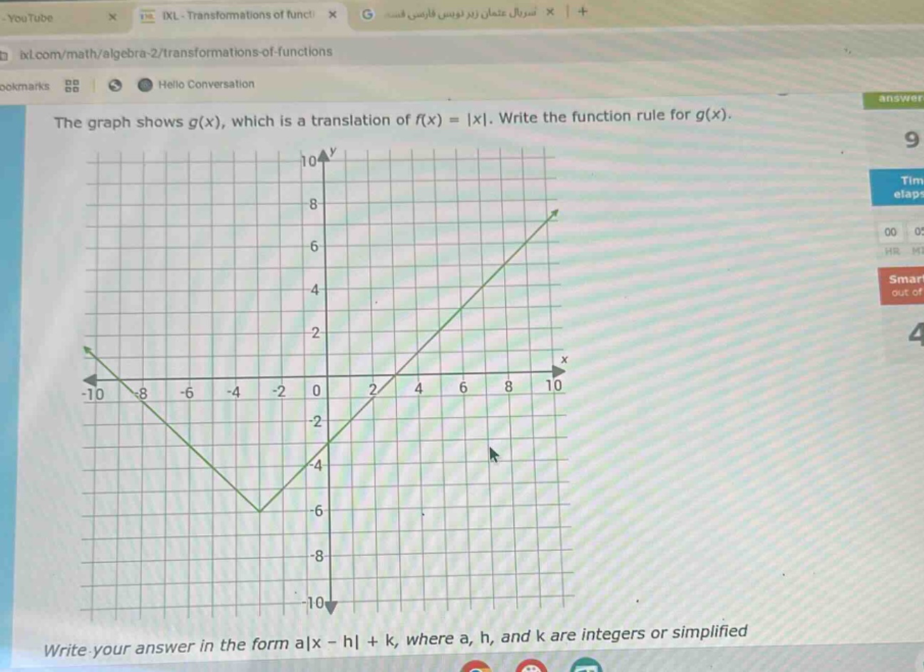 the graph shows g(x), which is a translation of f(x) = |x|. write the function rule for g(x). write your answer in the form a|x - h| + k, where a, h, and k are integers or simplified