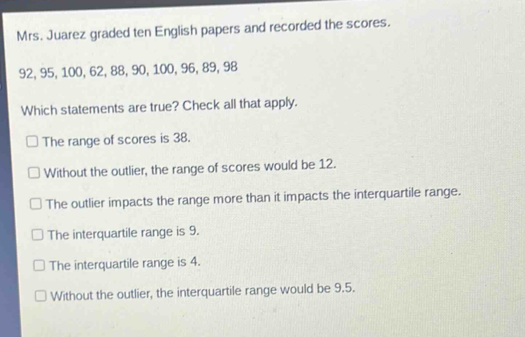 mrs. juarez graded ten english papers and recorded the scores. 92, 95, 100, 62, 88, 90, 100, 96, 89, 98 which statements are true? check all that apply. the range of scores is 38. without the outlier, the range of scores would be 12. the outlier impacts the range more than it impacts the interquartile range. the interquartile range is 9. the interquartile range is 4. without the outlier, the interquartile range would be 9.5.