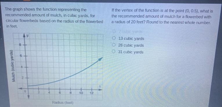 the graph shows the function representing the recommended amount of mulch, in cubic yards, for circular flowerbeds based on the radius of the flowerbed in feet. if the vertex of the function is at the point (0, 0.5), what is the recommended amount of mulch for a flowerbed with a radius of 20 feet? round to the nearest whole number. 7 cubic yards 13 cubic yards 26 cubic yards 31 cubic yards
