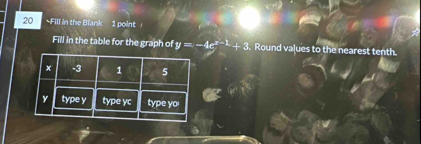 20 fill in the blank 1 point fill in the table for the graph of y = -4e^x - 1 + 3. round values to the nearest tenth. x -3 1 5 y type y type yc type yo