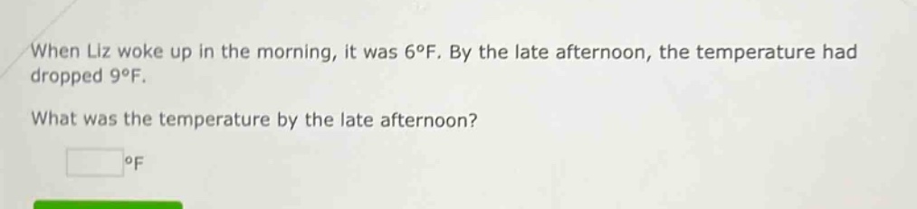 when liz woke up in the morning, it was 6°f. by the late afternoon, the temperature had dropped 9°f. what was the temperature by the late afternoon? °f