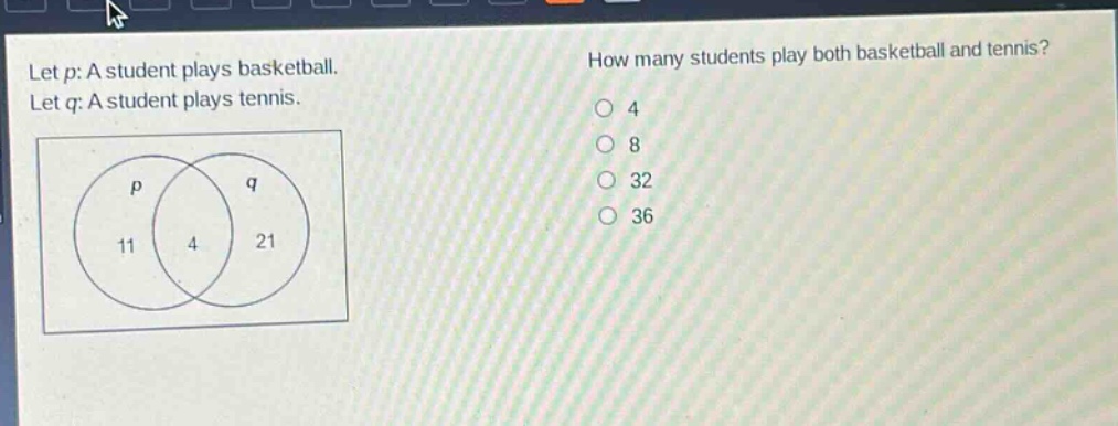 let p: a student plays basketball. let q: a student plays tennis. how many students play both basketball and tennis? 4 8 32 36