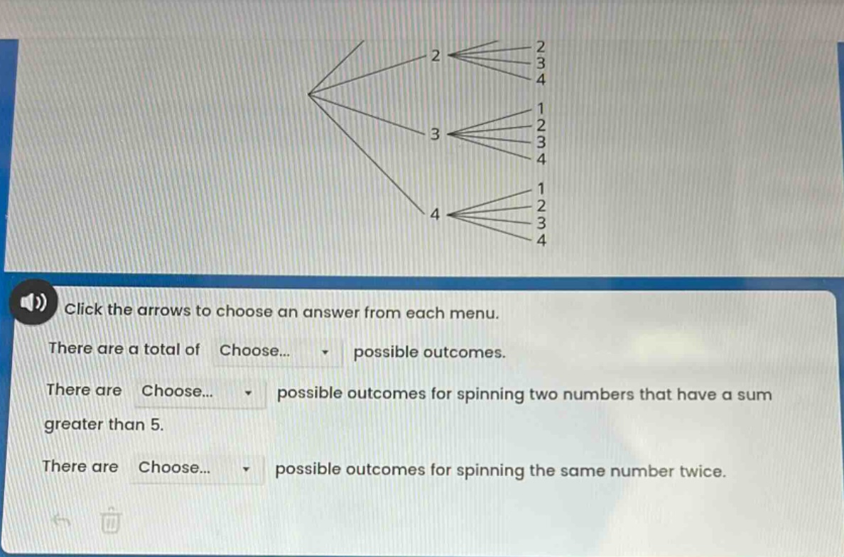 click the arrows to choose an answer from each menu. there are a total of choose... possible outcomes. there are choose... possible outcomes for spinning two numbers that have a sum greater than 5. there are choose... possible outcomes for spinning the same number twice.