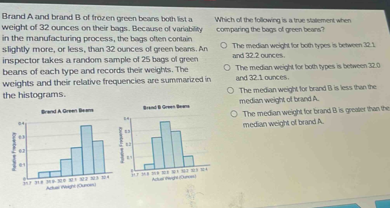 brand a and brand b of frozen green beans both list a weight of 32 ounces on their bags. because of variability in the manufacturing process, the bags often contain slightly more, or less, than 32 ounces of green beans. an inspector takes a random sample of 25 bags of green beans of each type and records their weights. the weights and their relative frequencies are summarized in the histograms. which of the following is a true statement when comparing the bags of green beans? the median weight for both types is between 32.1 and 32.2 ounces. the median weight for both types is between 32.0 and 32.1 ounces. the median weight for brand b is less than the median weight of brand a. the median weight for brand b is greater than the median weight of brand a.