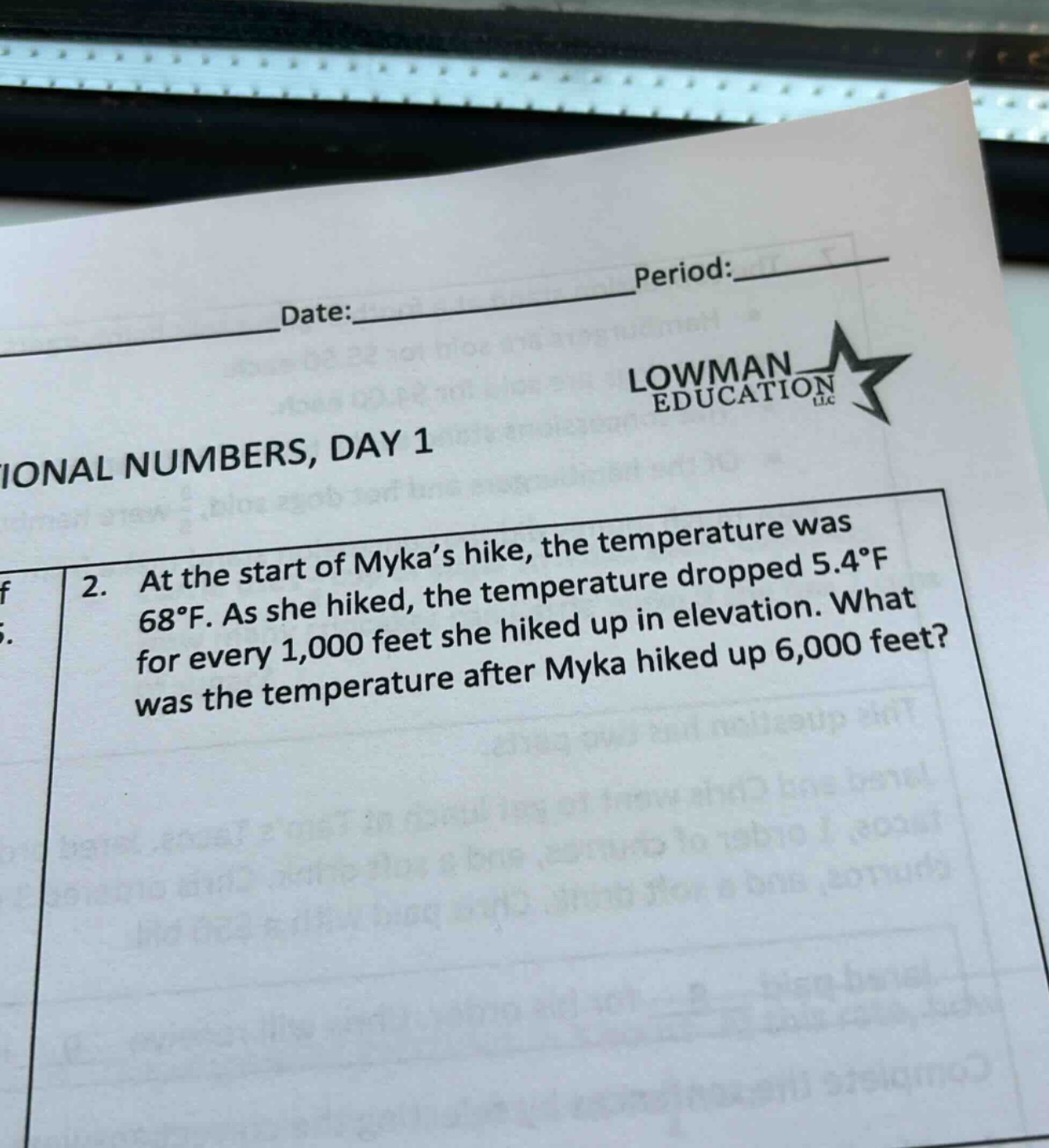 2. at the start of myka’s hike, the temperature was 68°f. as she hiked, the temperature dropped 5.4°f for every 1,000 feet she hiked up in elevation. what was the temperature after myka hiked up 6,000 feet?